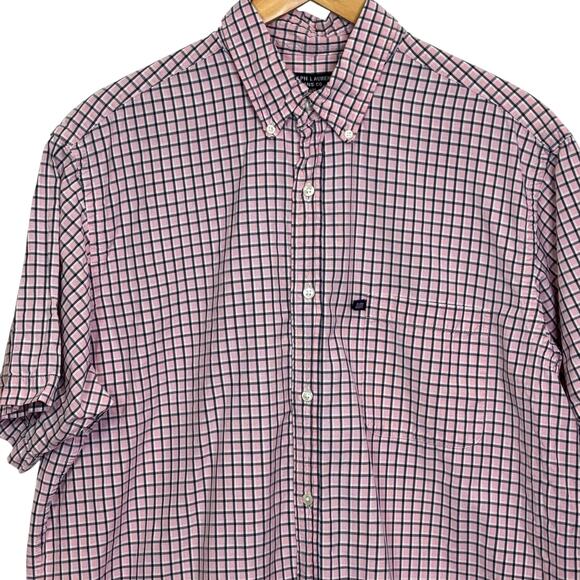 Ralph Lauren Jeans Co Size Large Pink Plaid Short Sleeve Button Up Camp Shirt - Picture 2 of 5